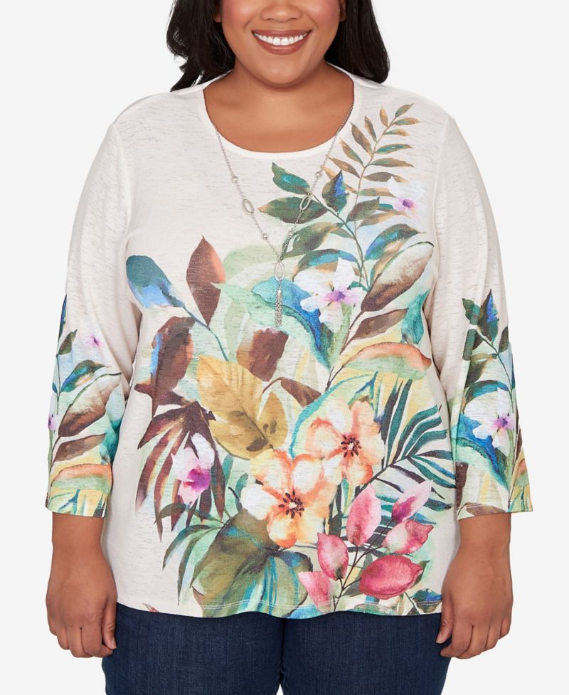 Plus Size Classic Tropical Print Top with Necklace