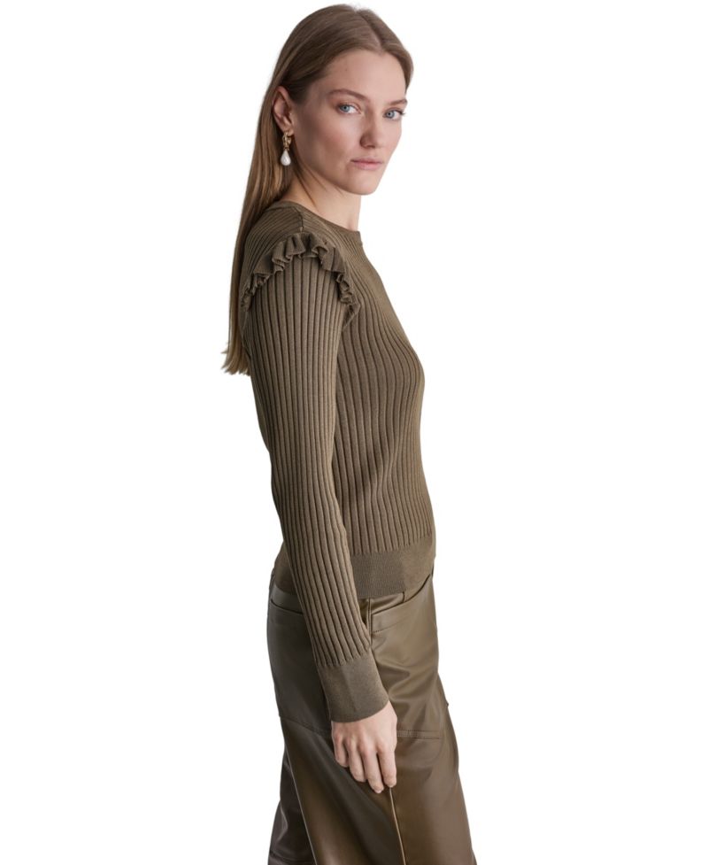Women's Ruffle-Trim Ribbed-Knit Long-Sleeve Crewneck Sweater