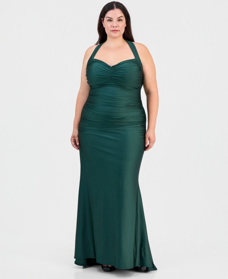 Trendy Plus Size Shiny Knit Ruched Back-Tie Gown