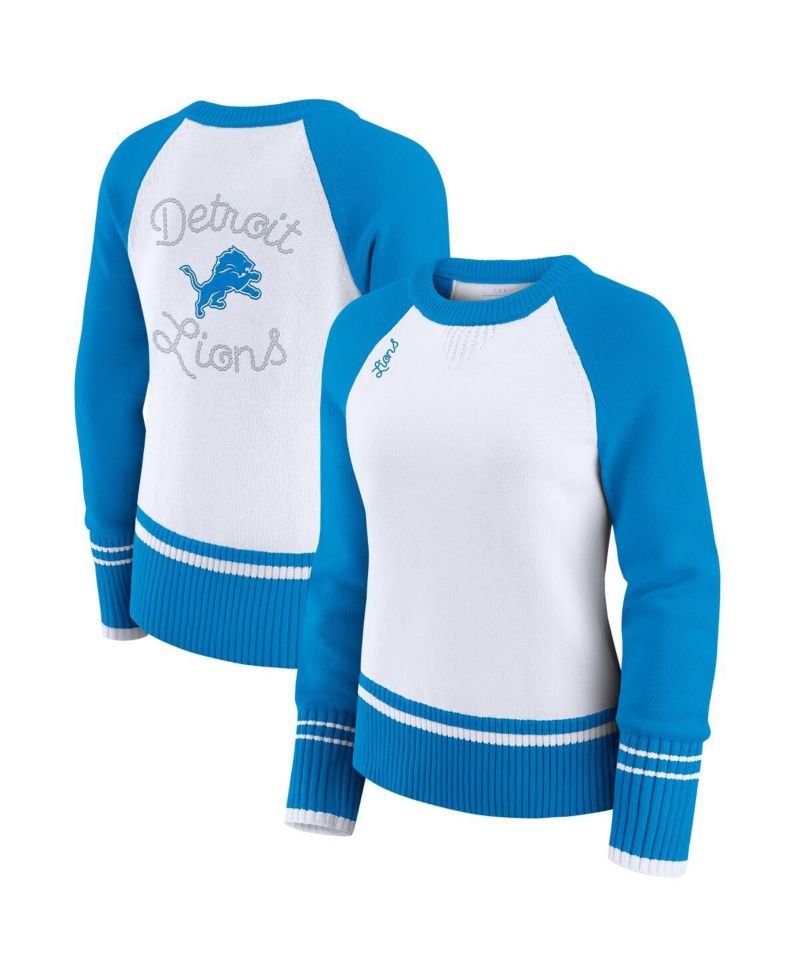 Women's White/Blue Detroit Lions Color Block Raglan Sweater