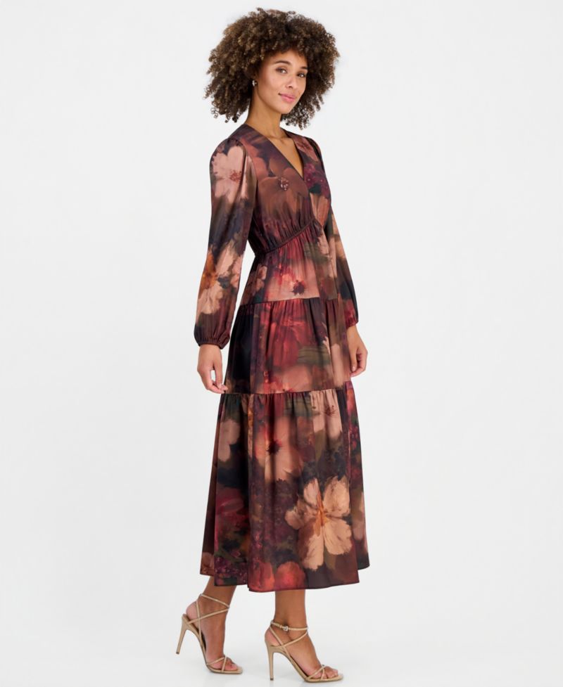 Women's V-Neck Long-Sleeve Tiered Maxi Dress
