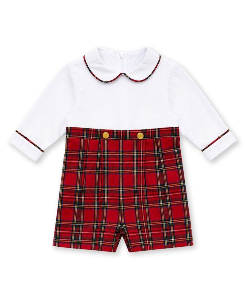 Baby Boys' Peter Pan Collar Long-Sleeve Plaid Shortall
