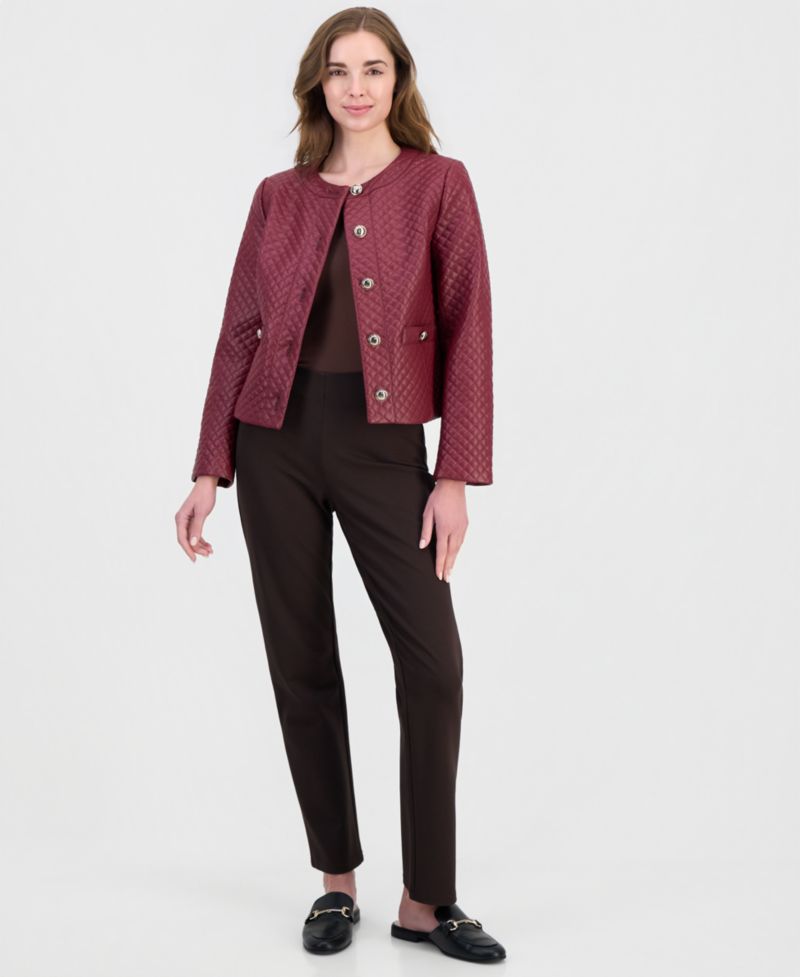 Petite Quilted Faux-Leather Button-Front Jacket