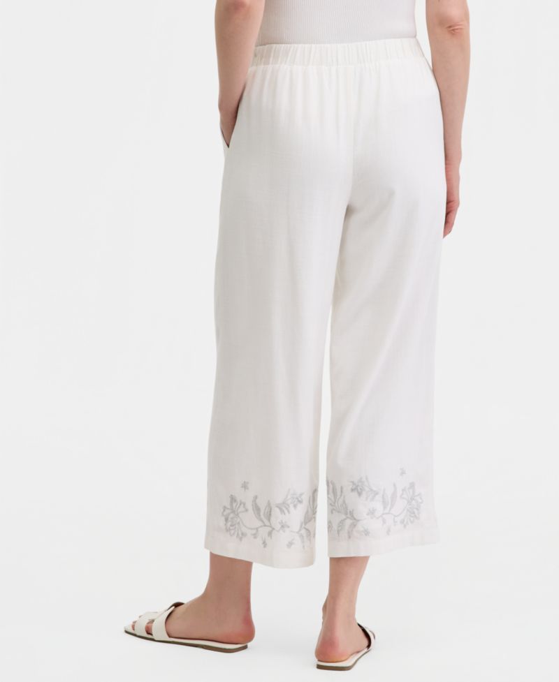 Women's High-Rise Embroidered Linen-Blend Cropped Pants