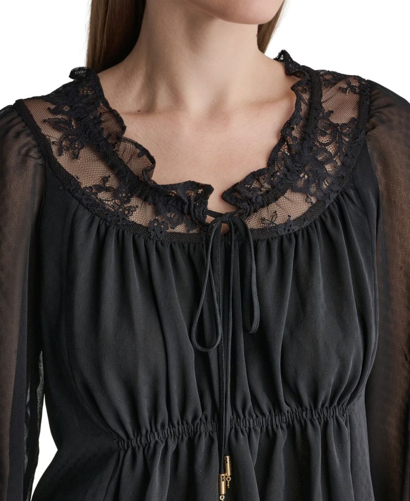 Women's Scoop Neckline Lace-Trim Long-Sleeve Blouse