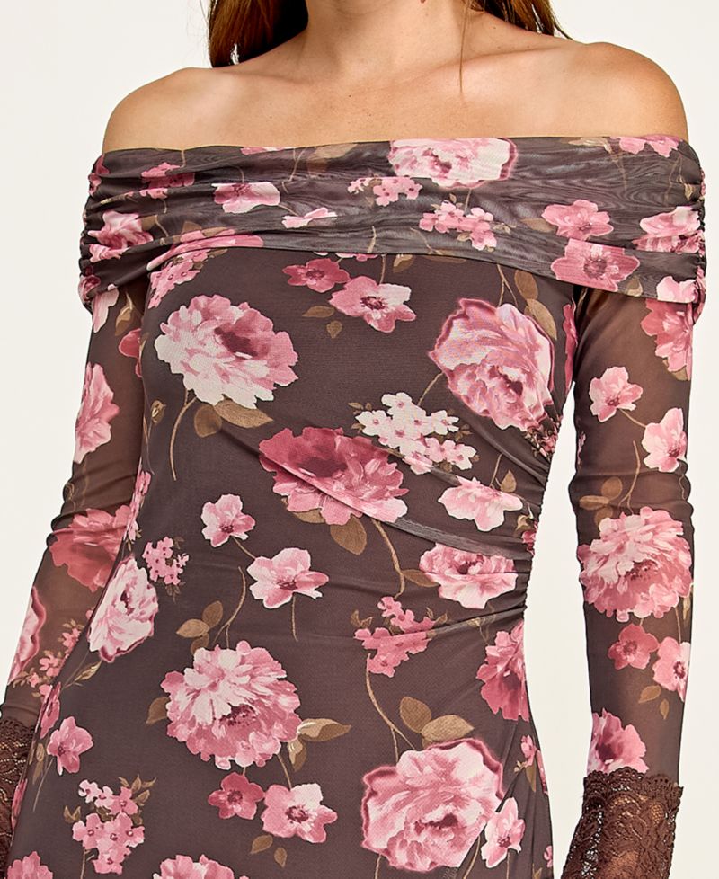 Juniors' Off-The-Shoulder Long-Sleeve Floral Printed Mesh Midi Dress
