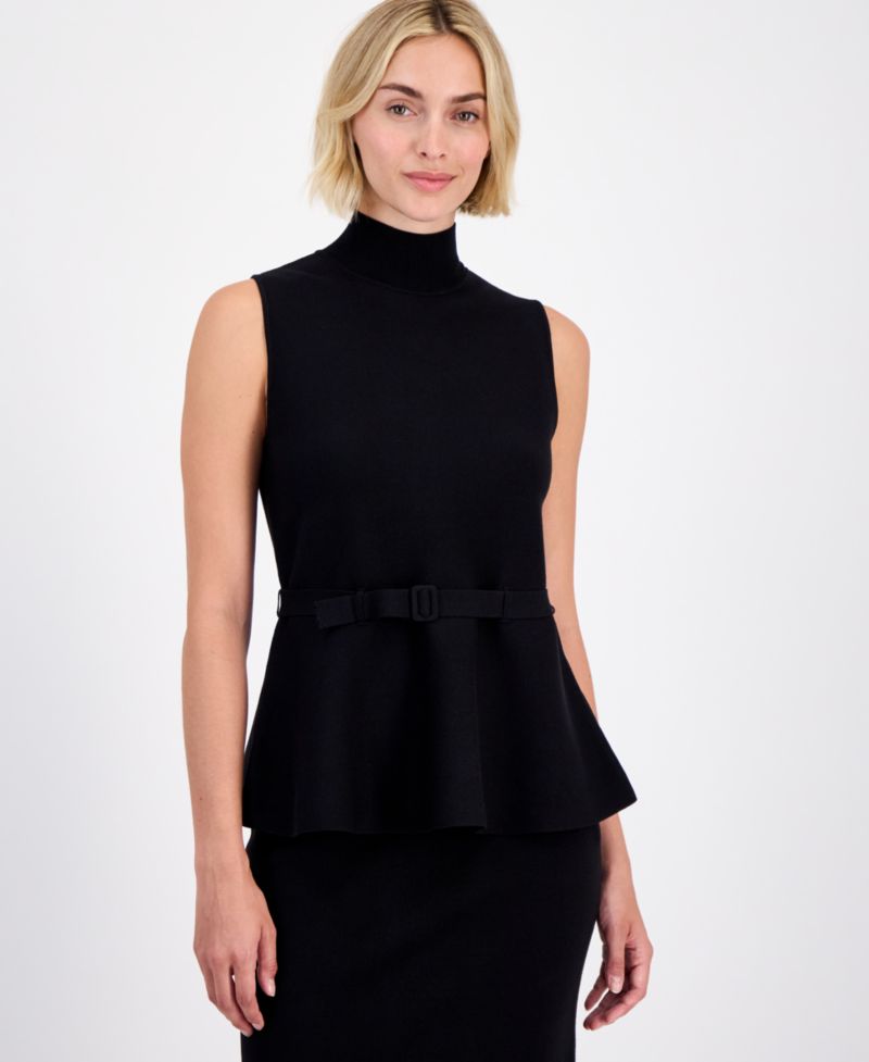 Women's Sleeveless Belted Peplum-Hem Top