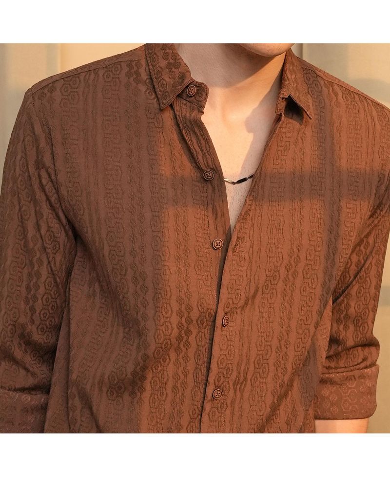 Men's Chocolate Brown Geometric-Textured Knit Shirt