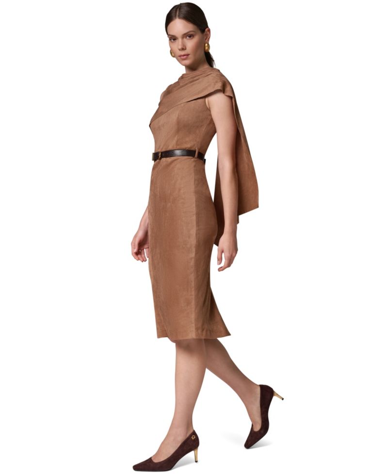 Women's Suede Draped Shoulder Panel Belted Midi Dress