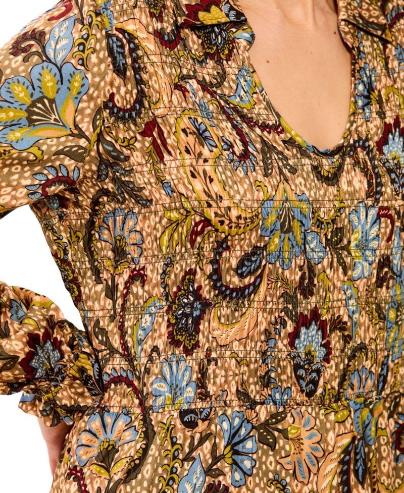 Women's Balloon-Sleeve Smocked Paisley-Print Blouse