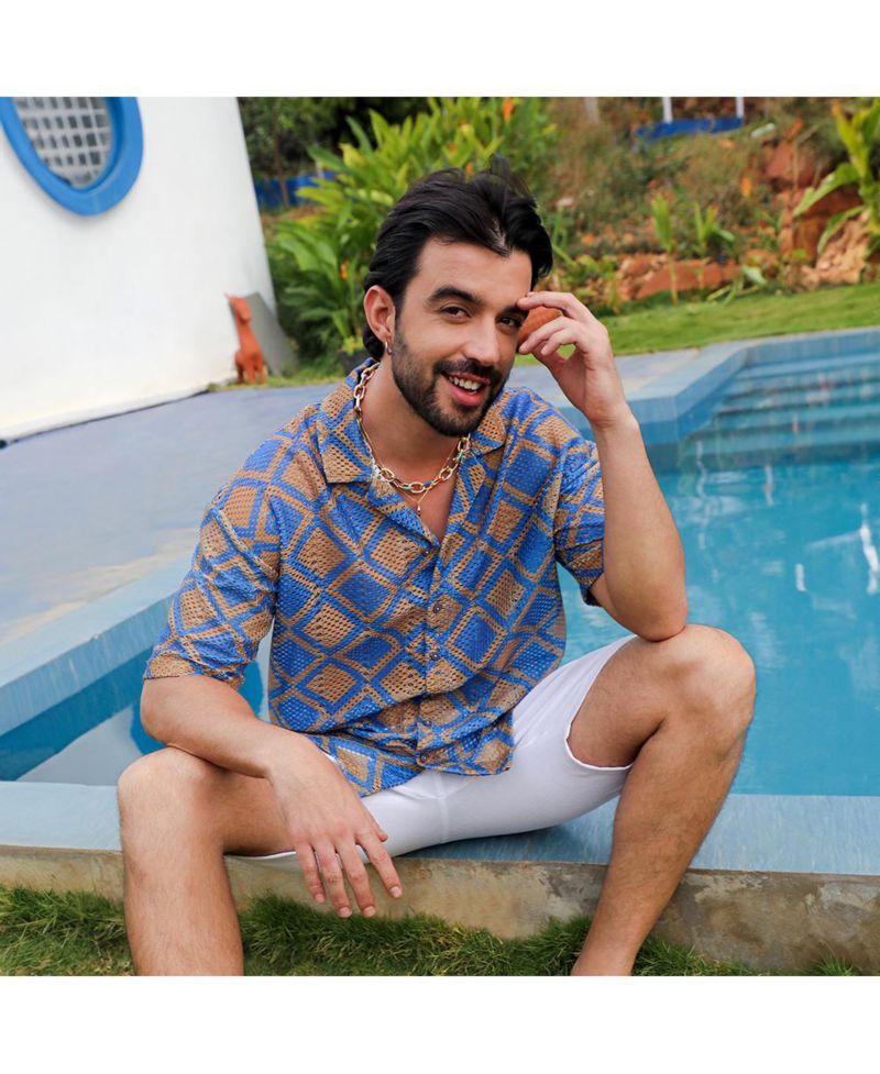 Men's Royal Blue & Mocha Brown Geometric Block Oversized Shirt
