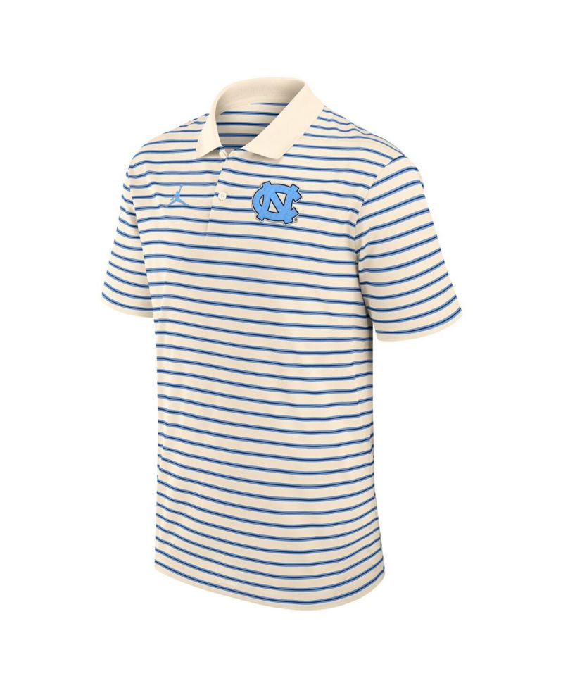 Men's Tan/Carolina Blue North Carolina Tar Heels Striped Primary Logo Performance Polo Shirt