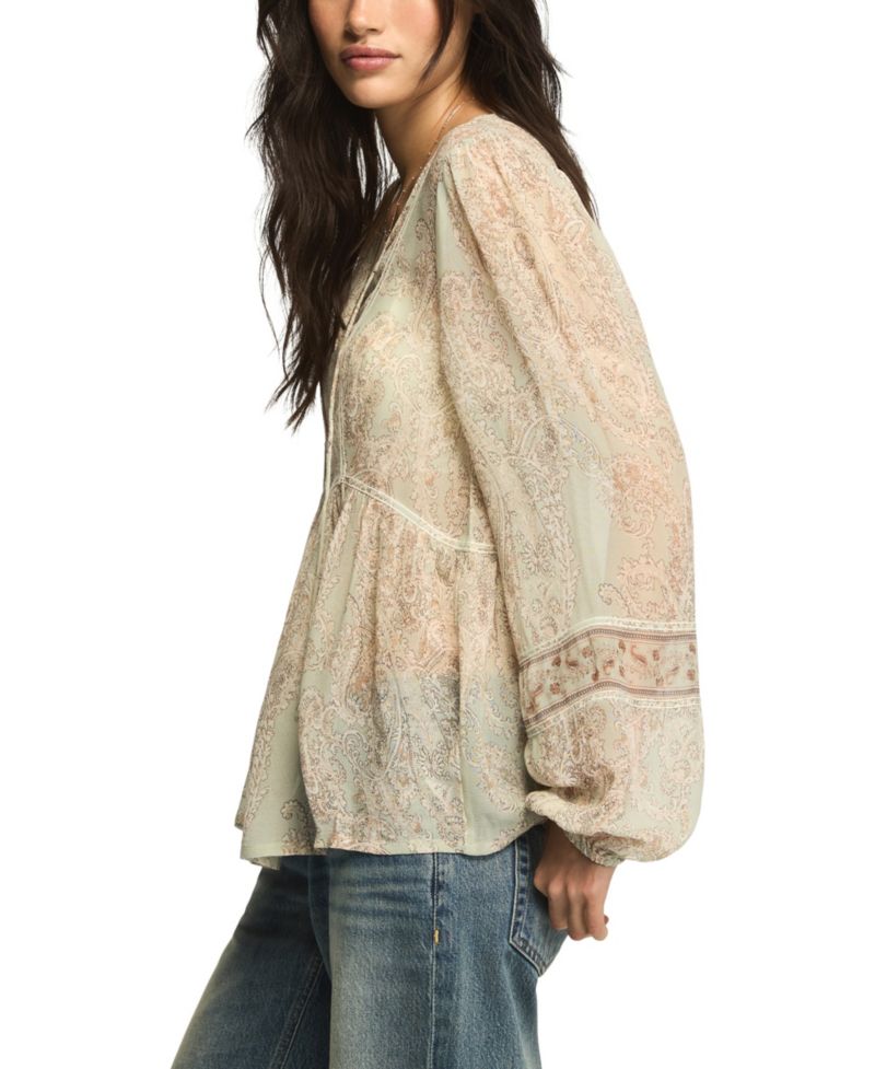 Women's Paisley Print Mix Long-Sleeve Peasant Top