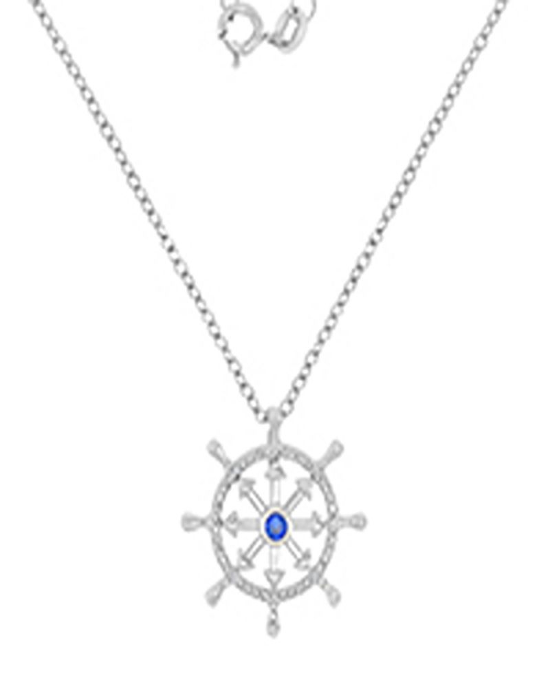 Diamond Accent & Created Blue Sapphire Rudder Necklace in Rhodium Over Sterling Silver