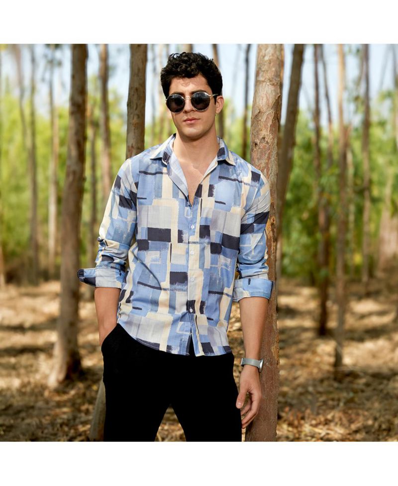 Men's Powder Blue & Pale Yellow Cubic-Overlap Shirt