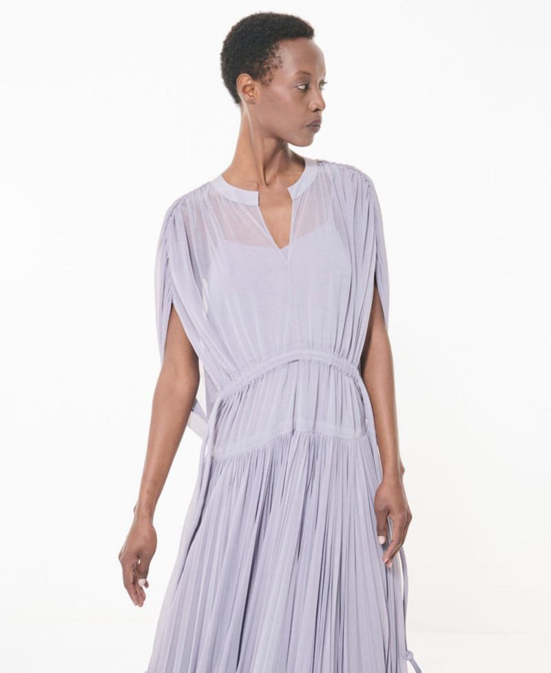 Women's Pleated Marked Waist Short-Sleeve Maxi Dress