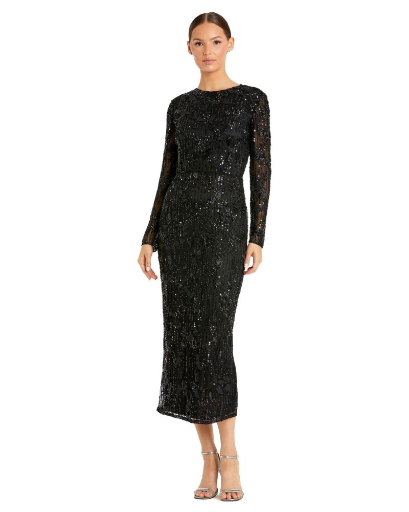 Women's High Neck Long Sleeve Embellished Dress