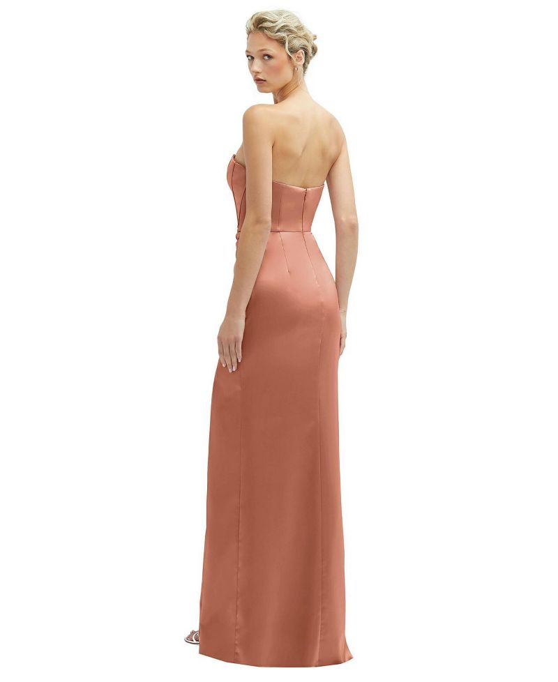 Women's Strapless Topstitched Corset Satin Maxi Dress with Draped Column Skirt