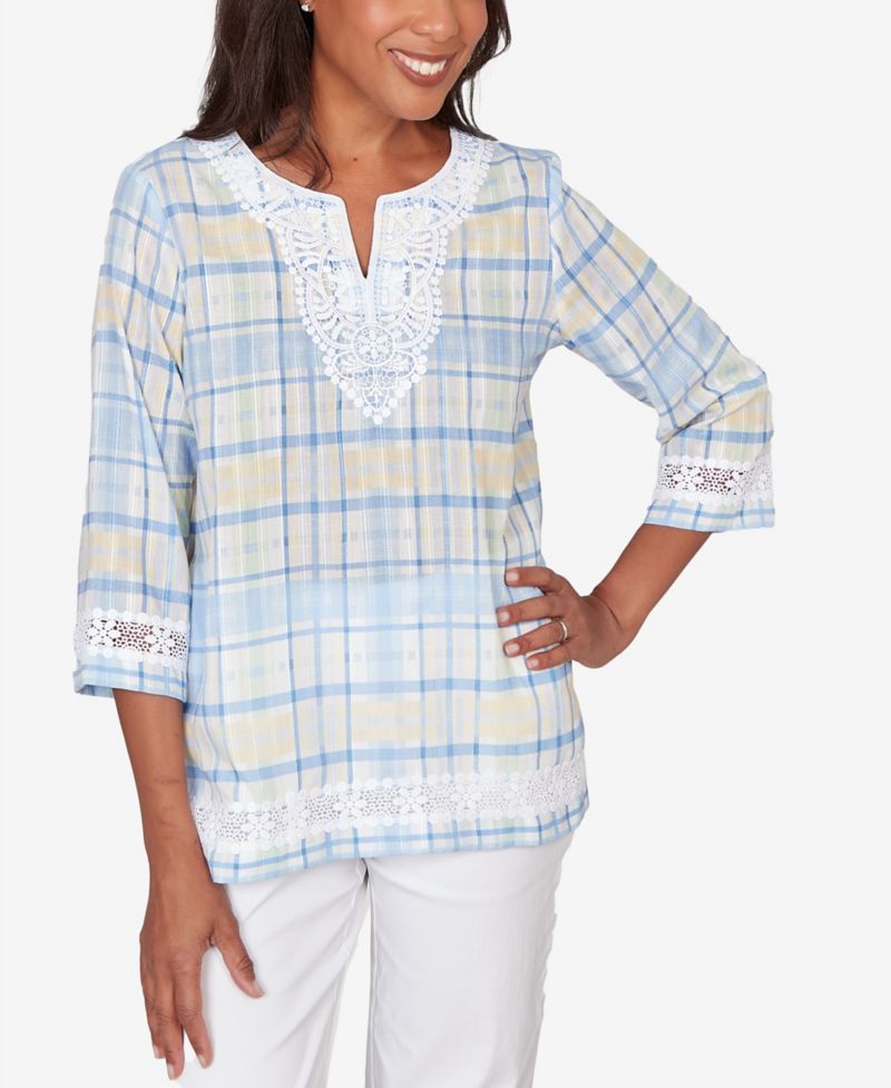 Plus Size Classic Plaid Embellished Lace Top