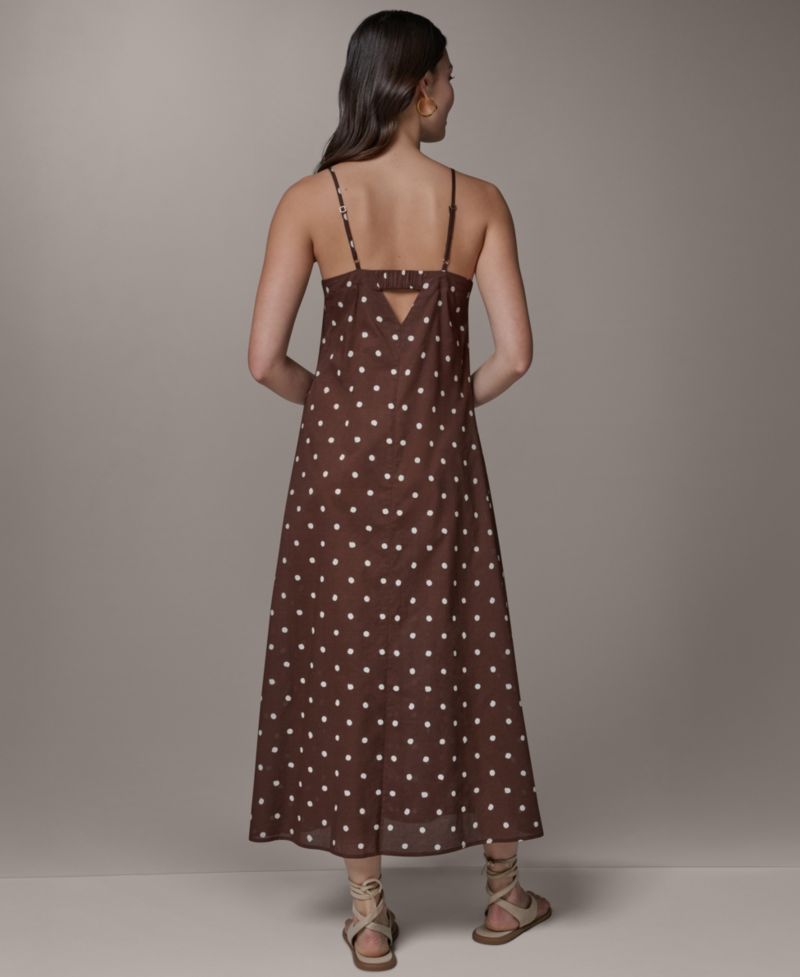 Women's Cotton Voile Dot Print Elastic Back V-Neck Spaghetti Strap Maxi Dress