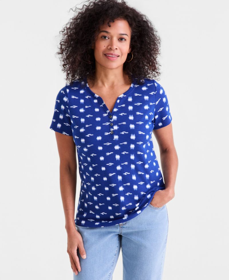 Women's Printed Short-Sleeve Henley Top, Exclusively at Macy's