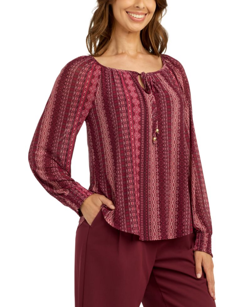 Juniors' Printed Mesh Smocked-Sleeve Peasant Top