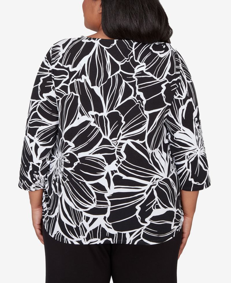 Plus Size Classic Floral Linework Side Tie Ruched Top