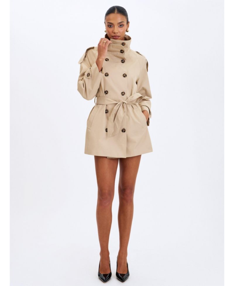 Women's Vanetta Tan High Collar Double-Breasted Trench Mini Coat