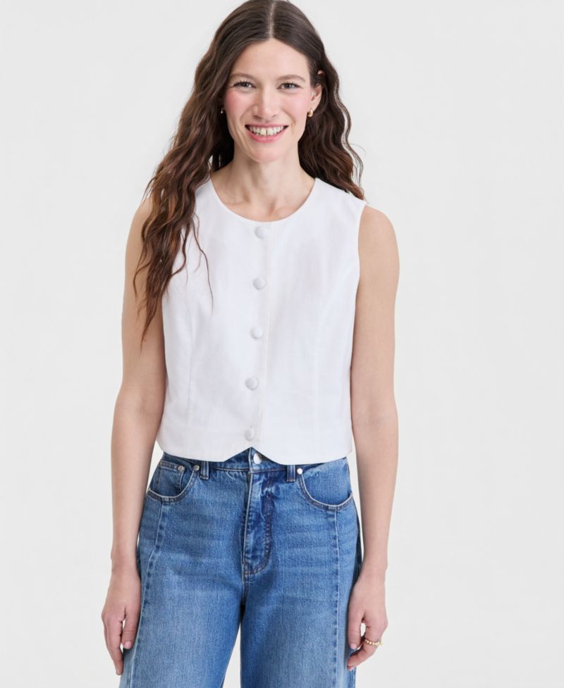 Women's Cropped Linen Blend Button-Front Vest