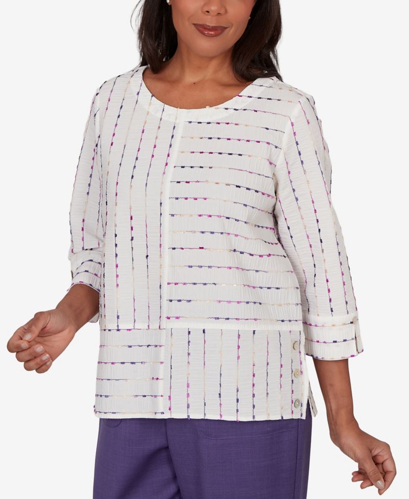 Petite Grand Bazaar White Textured Rainbow Stripe Top