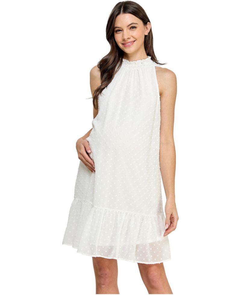 Women's Swiss Dot Mock Neck Dress with Ruffle Hem