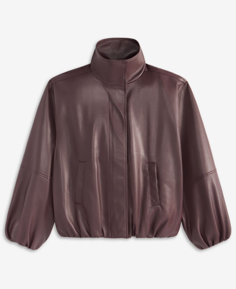 Petite Faux Leather Funnel-Neck Bomber Jacket