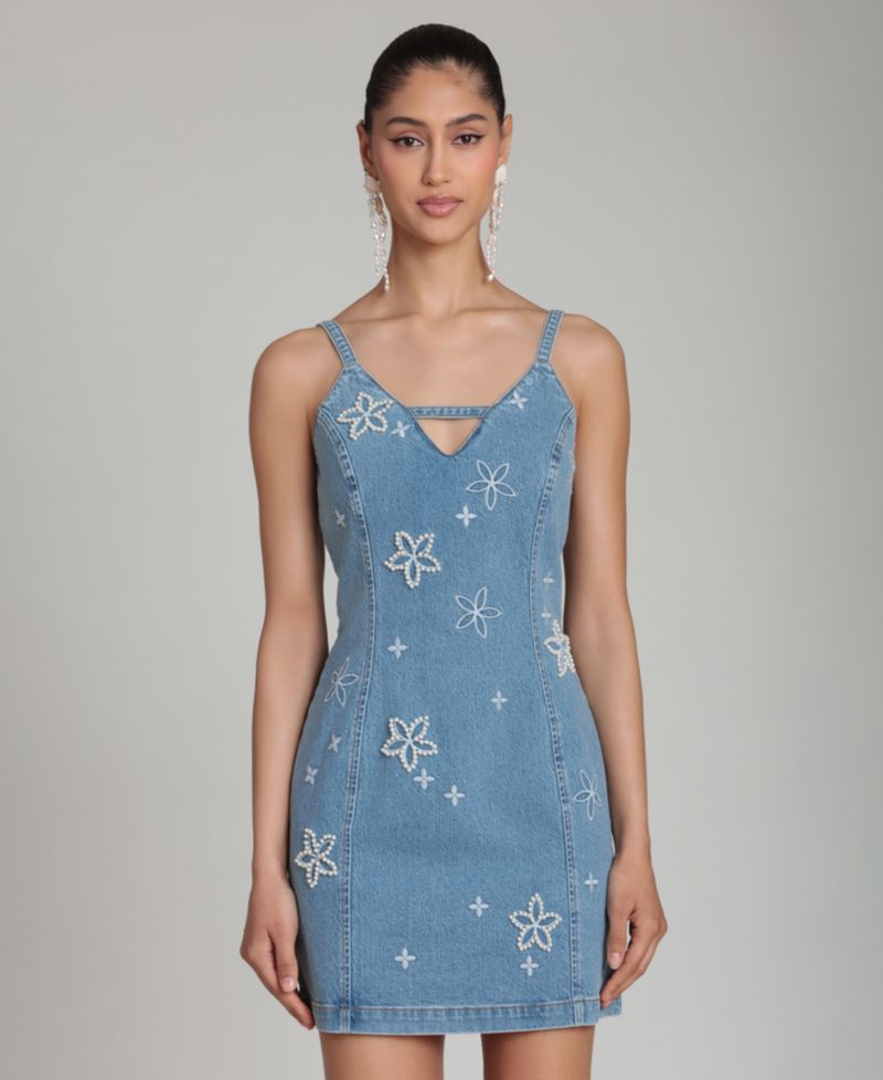 Women's Imitation Pearl Embroidered Detail Mini Dress