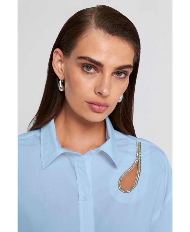Women's Rhinestone Trim Cutout Shirt Button Down Top