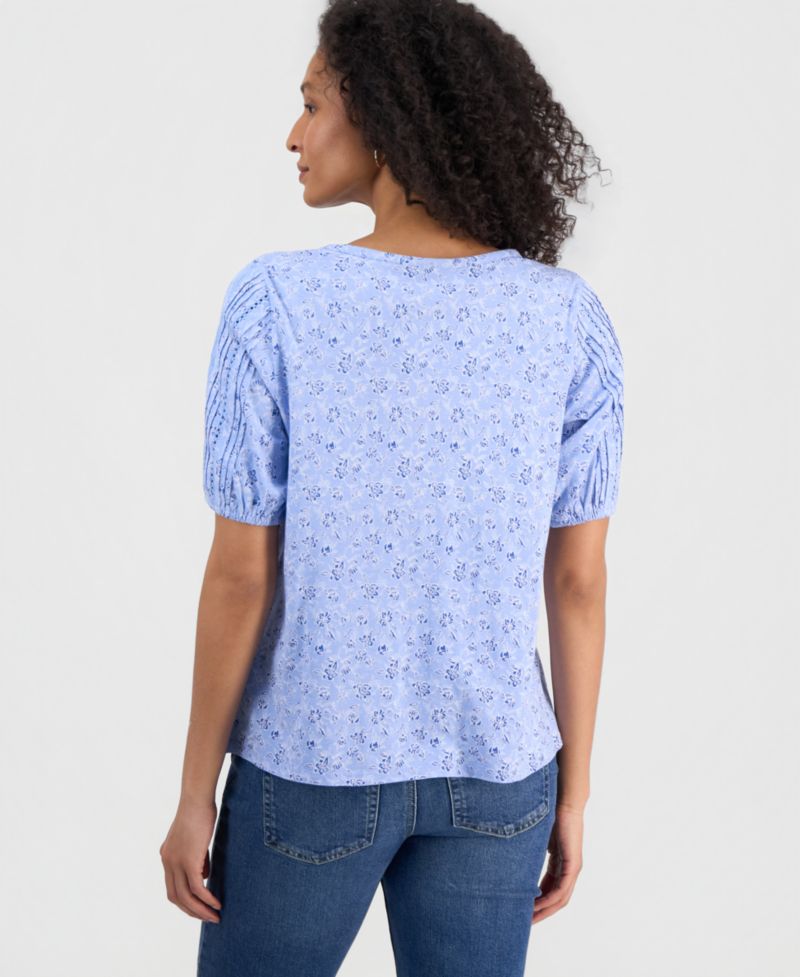 Petite Printed Lace Trim Cotton Short-Sleeve Blouse