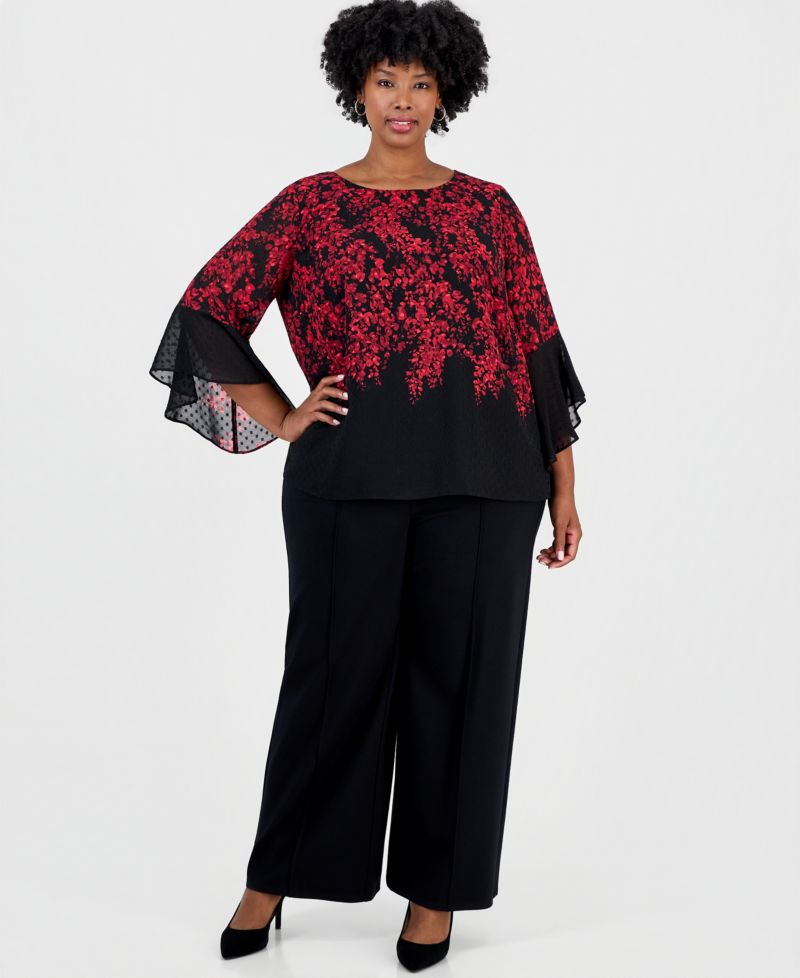 Plus Size Floral-Print Boat-Neck Ruffle-Sleeve Blouse