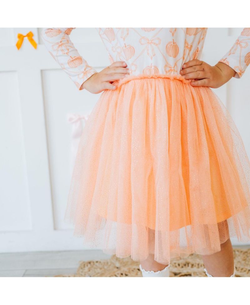 Little Girls Pumpkin Bow Trellis Long Sleeve Tutu Dress