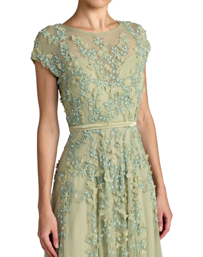 Women's Floral Embellished Short Sleeve Mesh Gown