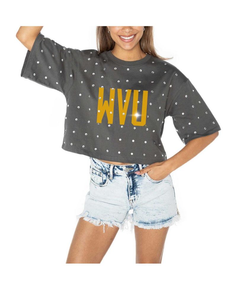 Women's Gray West Virginia Mountaineers Go Time Rhinestone Crop T-Shirt