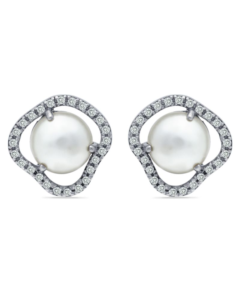 Imitation Pearl Cubic Zirconia Halo Button Earring in Silver Plate