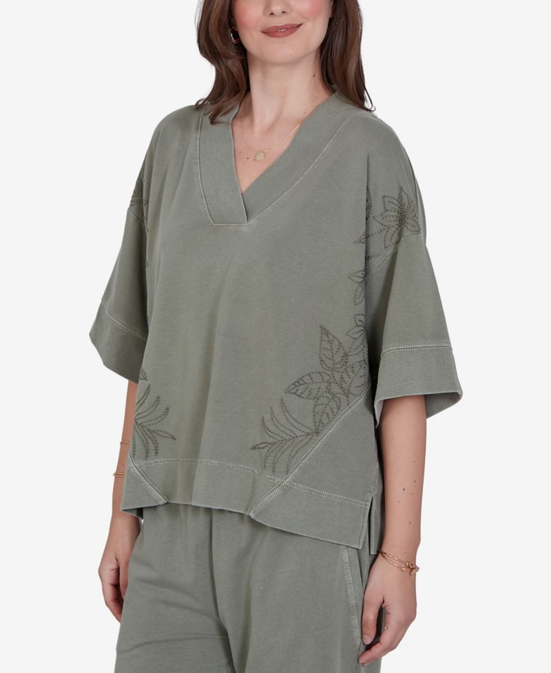 Petite Tropical Embroidered Knit Top