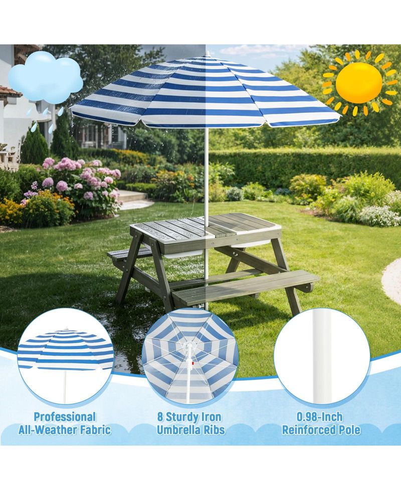 4 in 1 Kids Sand and Water Table, Wooden Sensory Activity Table with Removable Umbrella for Toddlers