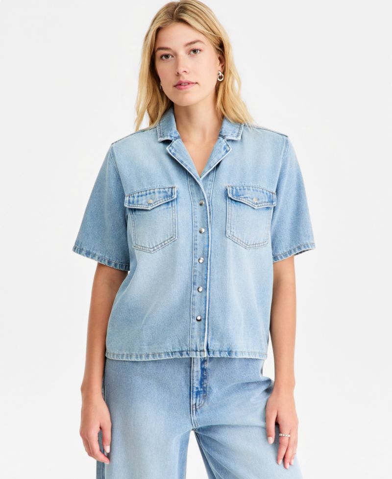 Women's Soft Denim Button-Front Short-Sleeve Shirt