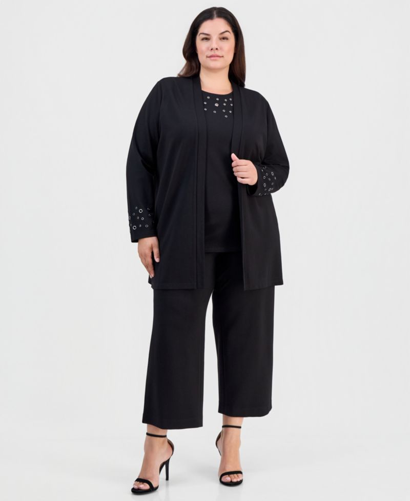 Plus Size Open-Front Grommet-Trim Cardigan