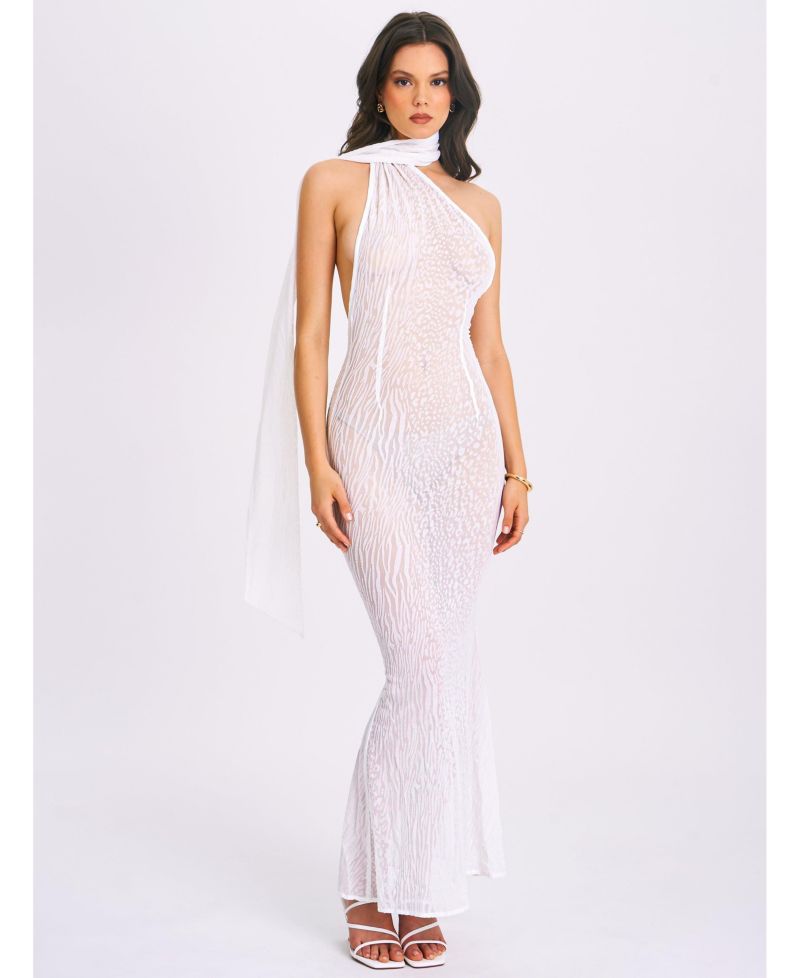 Women's Olena White Burnout Velvet Animal Print Mesh Halter Neck Maxi Dress