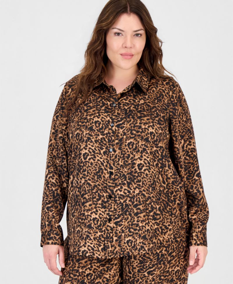 Plus Size Long-Sleeve Leopard-Print Blouse