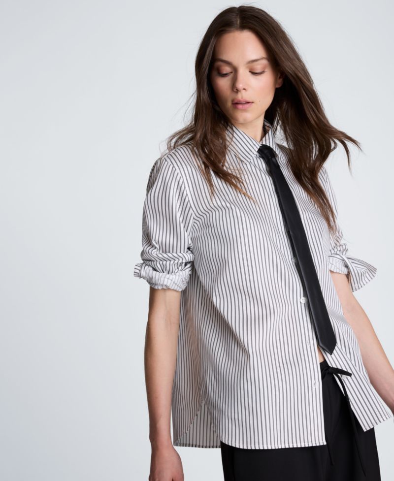 Women's Pinstripe Button Down Shirt with Faux Leather Tie