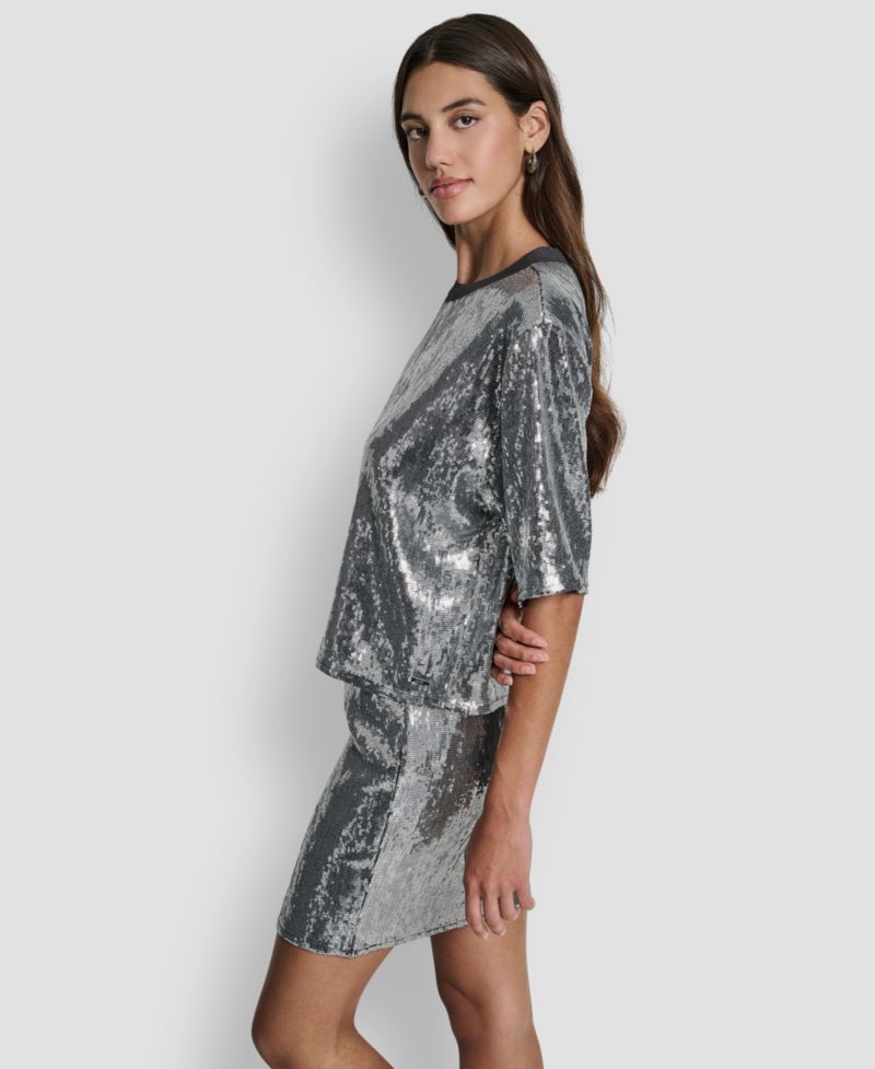 Women's Sequins Crewneck Boxy Short-Sleeve Relaxed T-Shirt
