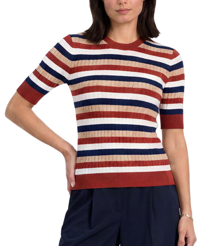 Women's Ailany Striped Ribbed-Knit Short-Sleeve Sweater