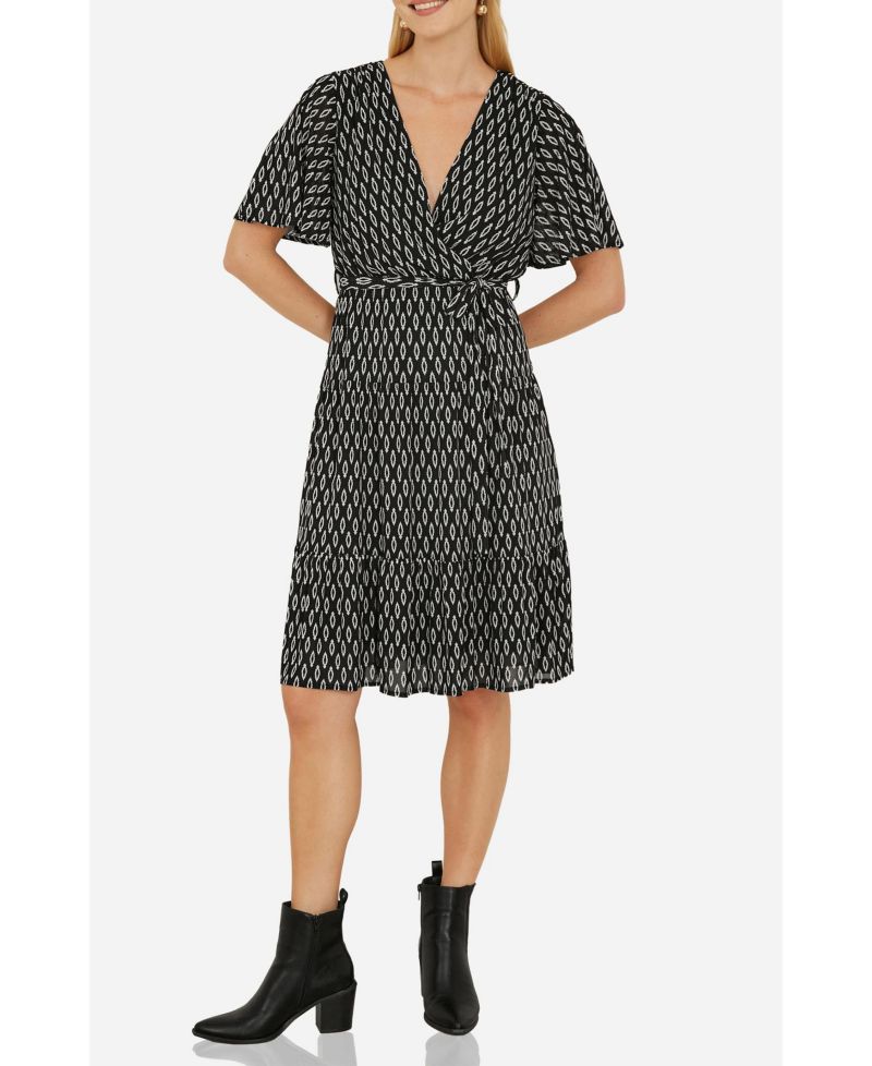 Women's Short Sleeve Tie Waist Midi Skater Dress